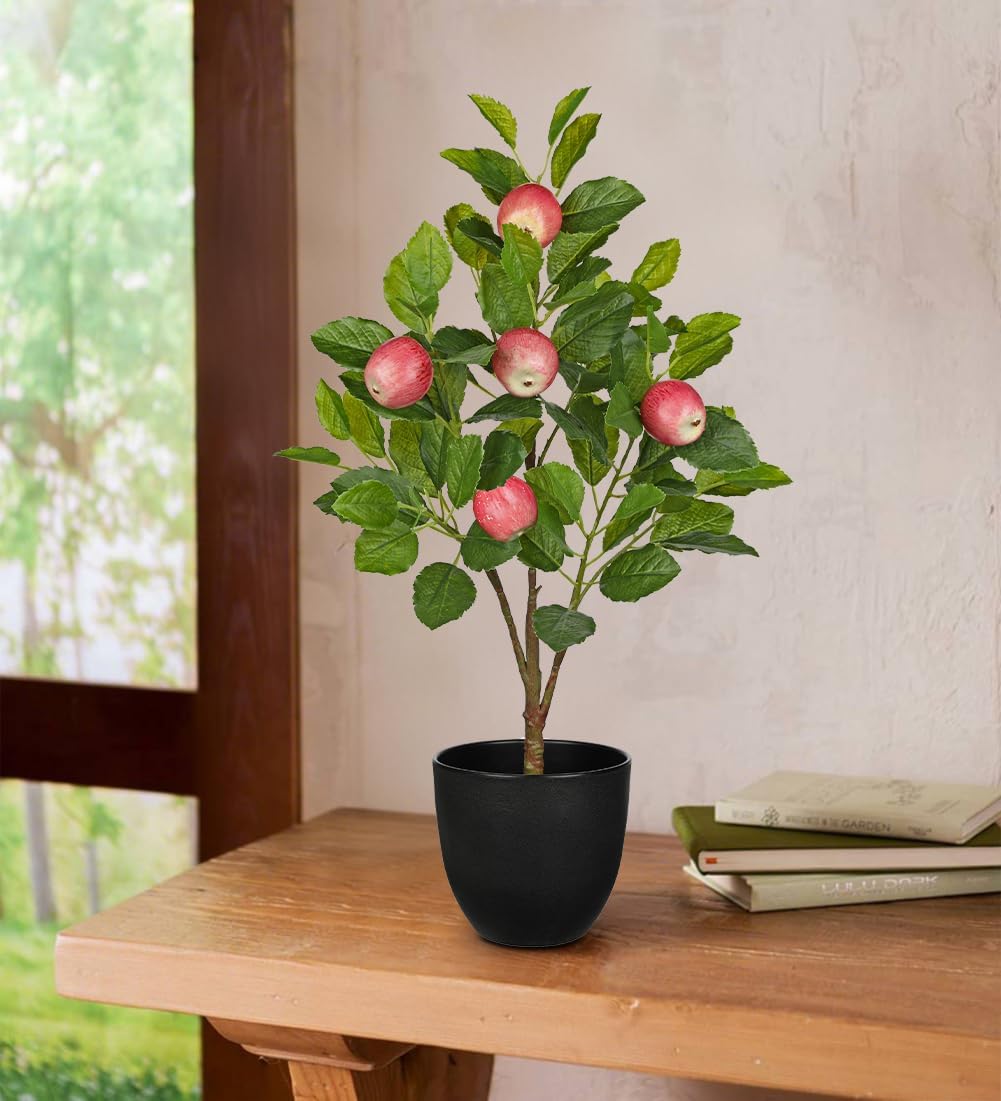 2Ft Artificial Peach Trees, 2 Packs Large Artificial Plants Indoor with Black Pots Faux Potted Trees Fake Floor Plants Peach Decorations for Home Living Room Office, Bedroom Table, Desk