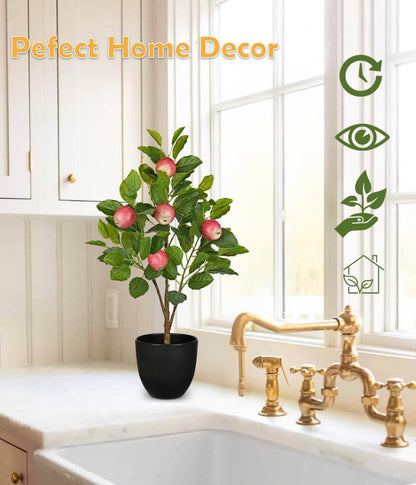 2Ft Artificial Peach Trees, 2 Packs Large Artificial Plants Indoor with Black Pots Faux Potted Trees Fake Floor Plants Peach Decorations for Home Living Room Office, Bedroom Table, Desk