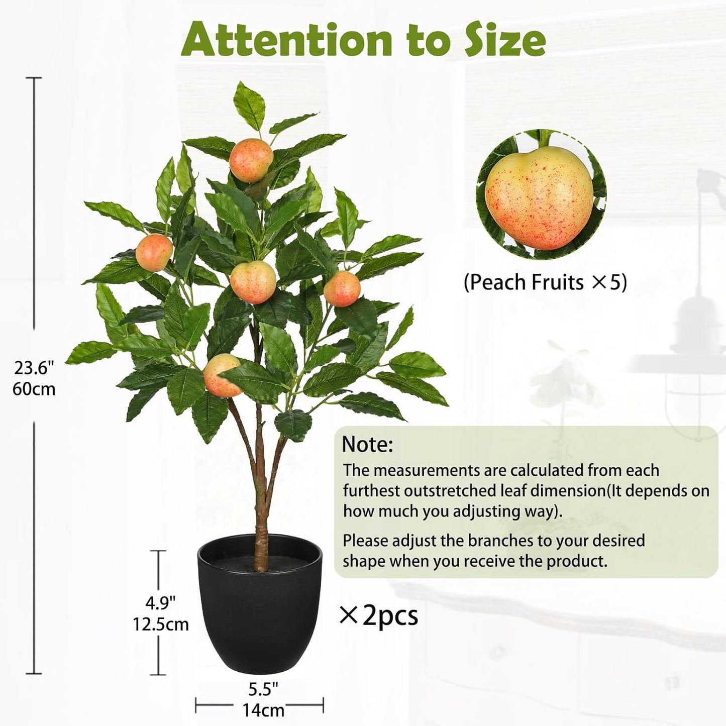 2Ft Artificial Peach Trees, 2 Packs Large Artificial Plants Indoor with Black Pots Faux Potted Trees Fake Floor Plants Peach Decorations for Home Living Room Office, Bedroom Table, Desk