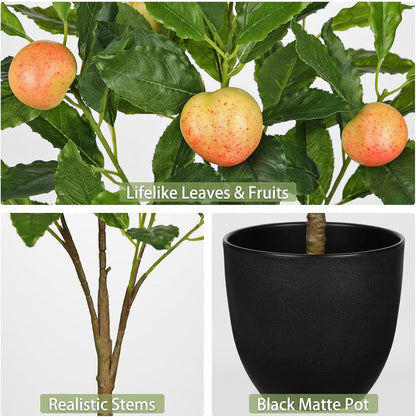 2Ft Artificial Peach Trees, 2 Packs Large Artificial Plants Indoor with Black Pots Faux Potted Trees Fake Floor Plants Peach Decorations for Home Living Room Office, Bedroom Table, Desk