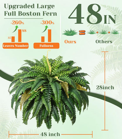 48 inch 88 Leaves XXL Large Fake Ferns Artificial Ferns for Outdoors Look Real, UV Resistant Faux Boston Fern for Outdoor Planter Realistic Hanging Artificial Fake Plants for Porch Patio