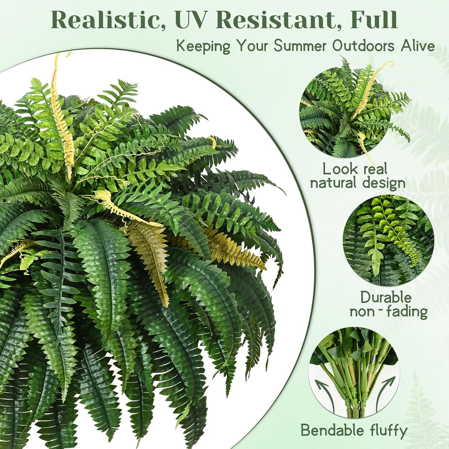 48 inch 88 Leaves XXL Large Fake Ferns Artificial Ferns for Outdoors Look Real, UV Resistant Faux Boston Fern for Outdoor Planter Realistic Hanging Artificial Fake Plants for Porch Patio
