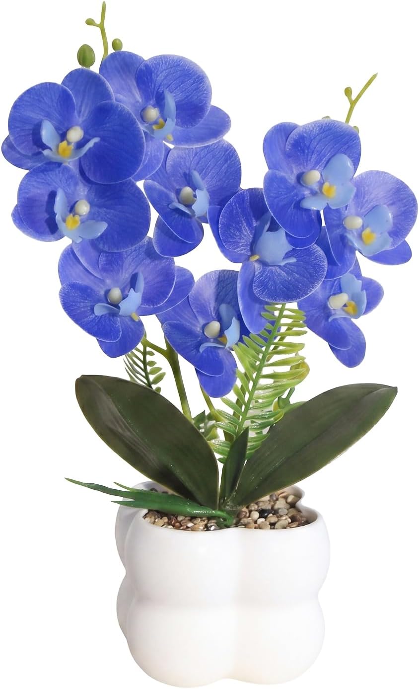 Blue Artificial Orchids Flowers in Pot 14" Tall Realistic Faux Phalaenopsis | 3D Printed Washable Fake Orchid Phalaenopsis Flowers with Vase for Home Wedding Table Centerpiece Bathroom Office Decor(Blue)