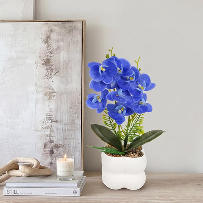 Blue Artificial Orchids Flowers in Pot 14" Tall Realistic Faux Phalaenopsis | 3D Printed Washable Fake Orchid Phalaenopsis Flowers with Vase for Home Wedding Table Centerpiece Bathroom Office Decor(Blue)