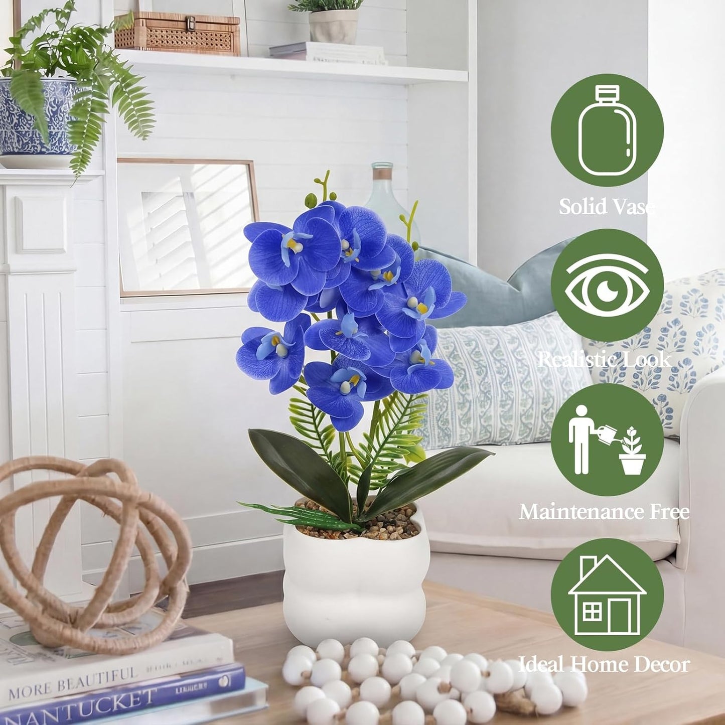 Blue Artificial Orchids Flowers in Pot 14" Tall Realistic Faux Phalaenopsis | 3D Printed Washable Fake Orchid Phalaenopsis Flowers with Vase for Home Wedding Table Centerpiece Bathroom Office Decor(Blue)