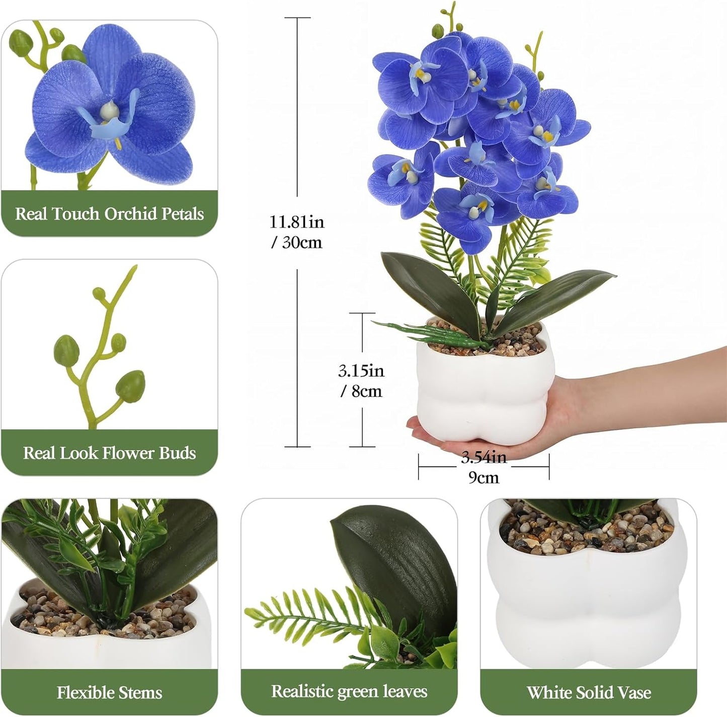 Blue Artificial Orchids Flowers in Pot 14" Tall Realistic Faux Phalaenopsis | 3D Printed Washable Fake Orchid Phalaenopsis Flowers with Vase for Home Wedding Table Centerpiece Bathroom Office Decor(Blue)