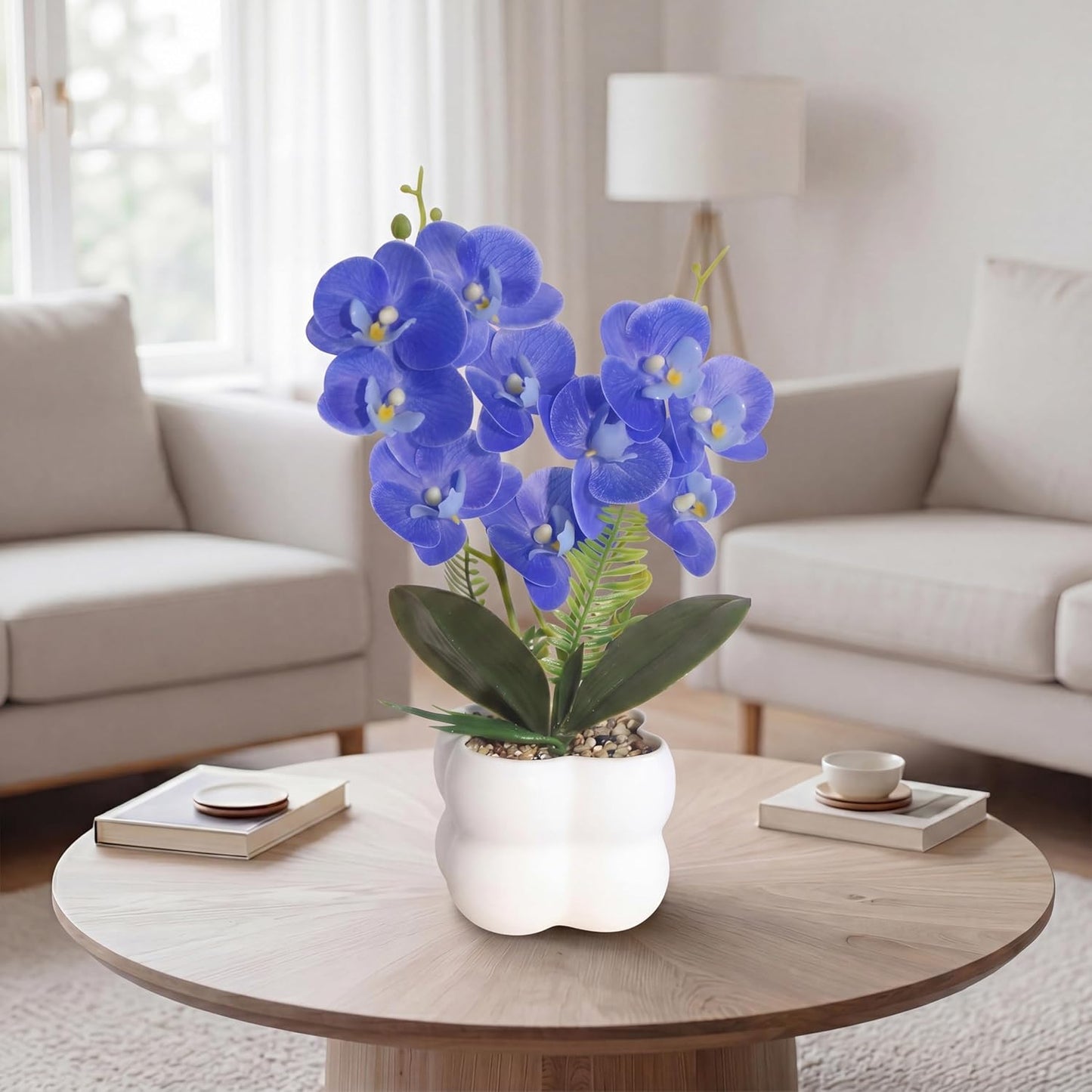 Blue Artificial Orchids Flowers in Pot 14" Tall Realistic Faux Phalaenopsis | 3D Printed Washable Fake Orchid Phalaenopsis Flowers with Vase for Home Wedding Table Centerpiece Bathroom Office Decor(Blue)