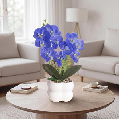 Blue Artificial Orchids Flowers in Pot 14" Tall Realistic Faux Phalaenopsis | 3D Printed Washable Fake Orchid Phalaenopsis Flowers with Vase for Home Wedding Table Centerpiece Bathroom Office Decor(Blue)