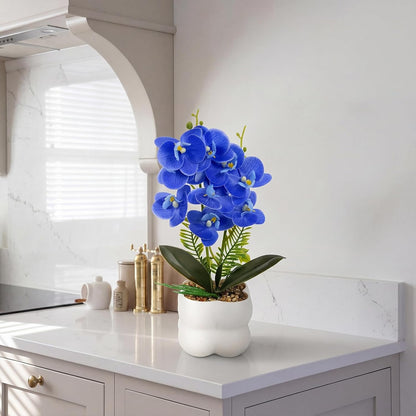 Blue Artificial Orchids Flowers in Pot 14" Tall Realistic Faux Phalaenopsis | 3D Printed Washable Fake Orchid Phalaenopsis Flowers with Vase for Home Wedding Table Centerpiece Bathroom Office Decor(Blue)