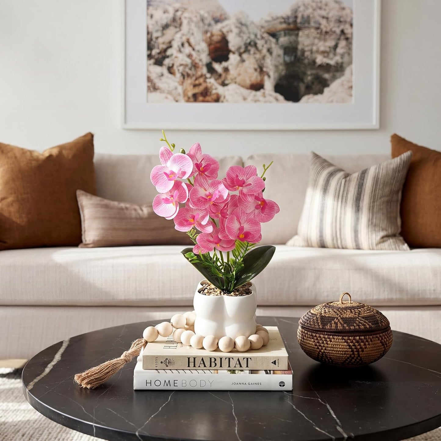 Blue Artificial Orchids Flowers in Pot 14" Tall Realistic Faux Phalaenopsis | 3D Printed Washable Fake Orchid Phalaenopsis Flowers with Vase for Home Wedding Table Centerpiece Bathroom Office Decor(Blue)