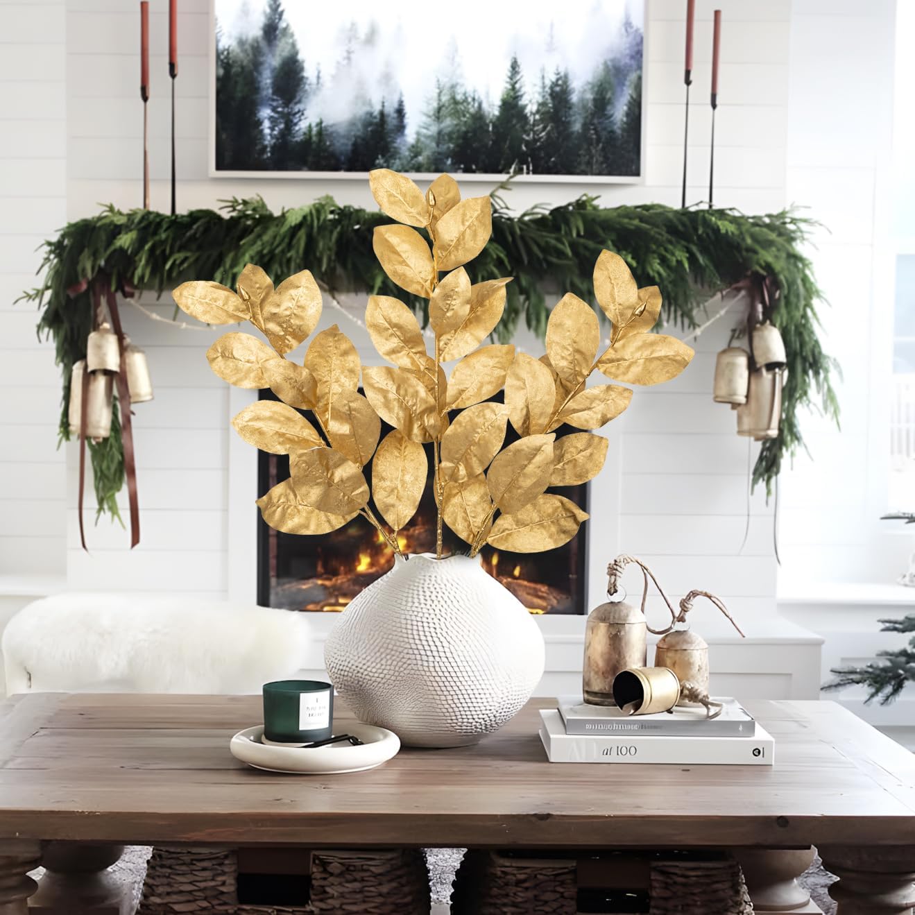 Artificial Magnolia Floral Stems 2PCS 19.7'' Tall Faux Magnolia Silk Flowers Bouquet Fake Greenery Branches for Home Wedding Arrangements Table Vase Centerpieces Rustic Decor(Vase not Included)