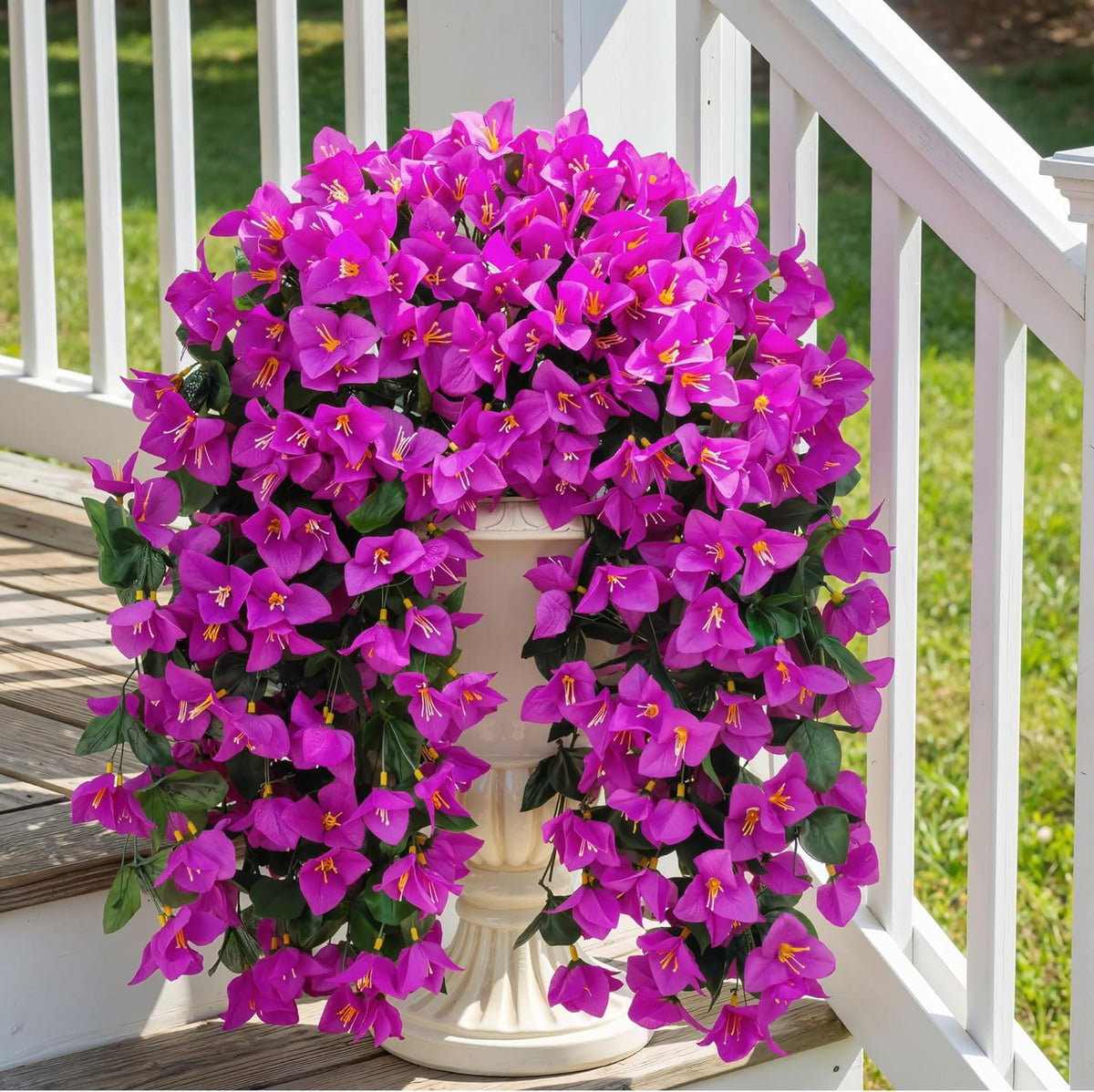 Artificial Bougainvillea Flowers for Outdoors, 2 Pcs, Fuchsia | Faux silk flowers, long trailing fake vines, for front door porch planter balcony patio summer spring home decor