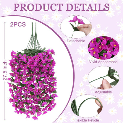 Artificial Bougainvillea Flowers for Outdoors, 2 Pcs, Fuchsia | Faux silk flowers, long trailing fake vines, for front door porch planter balcony patio summer spring home decor