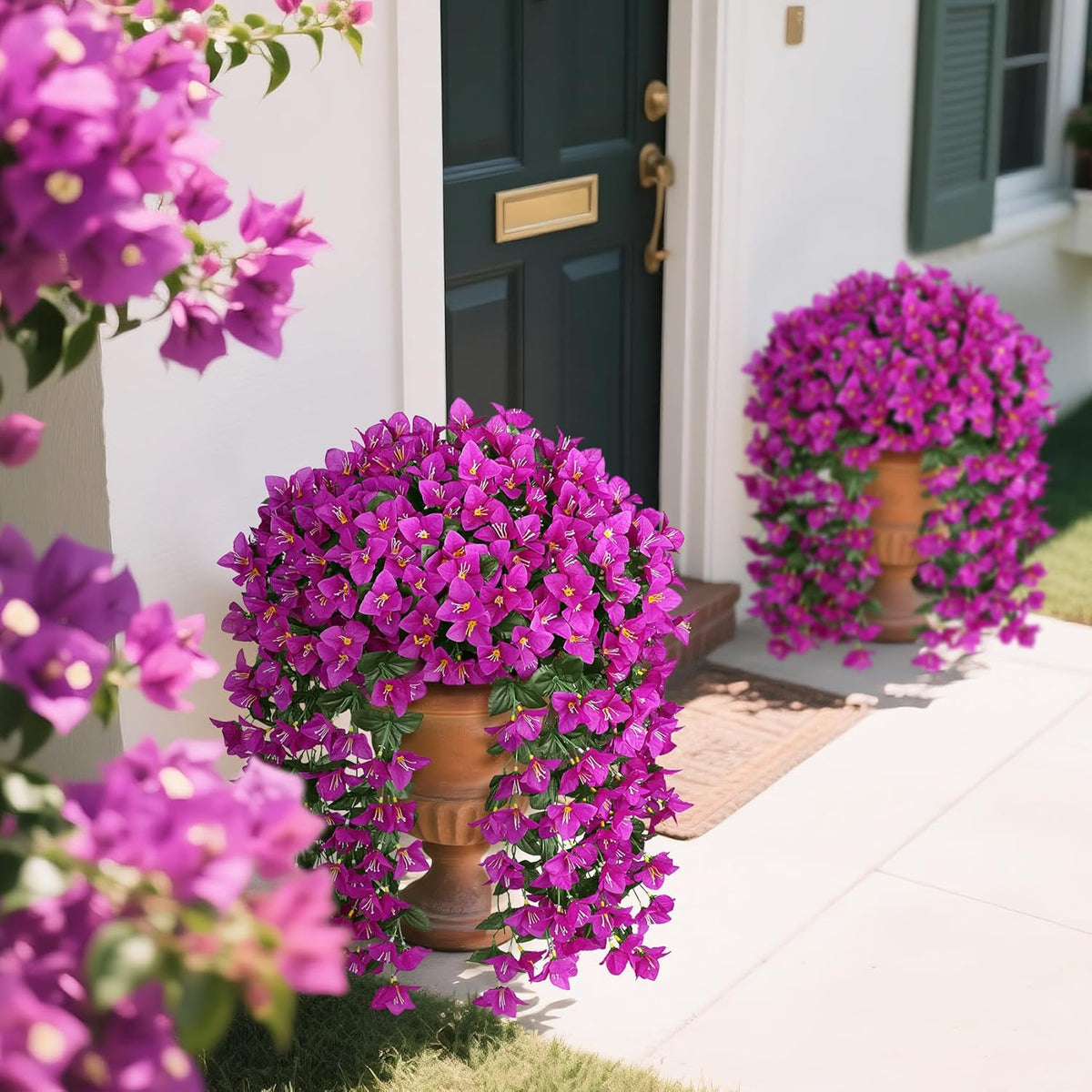 Artificial Bougainvillea Flowers for Outdoors, 2 Pcs, Fuchsia | Faux silk flowers, long trailing fake vines, for front door porch planter balcony patio summer spring home decor