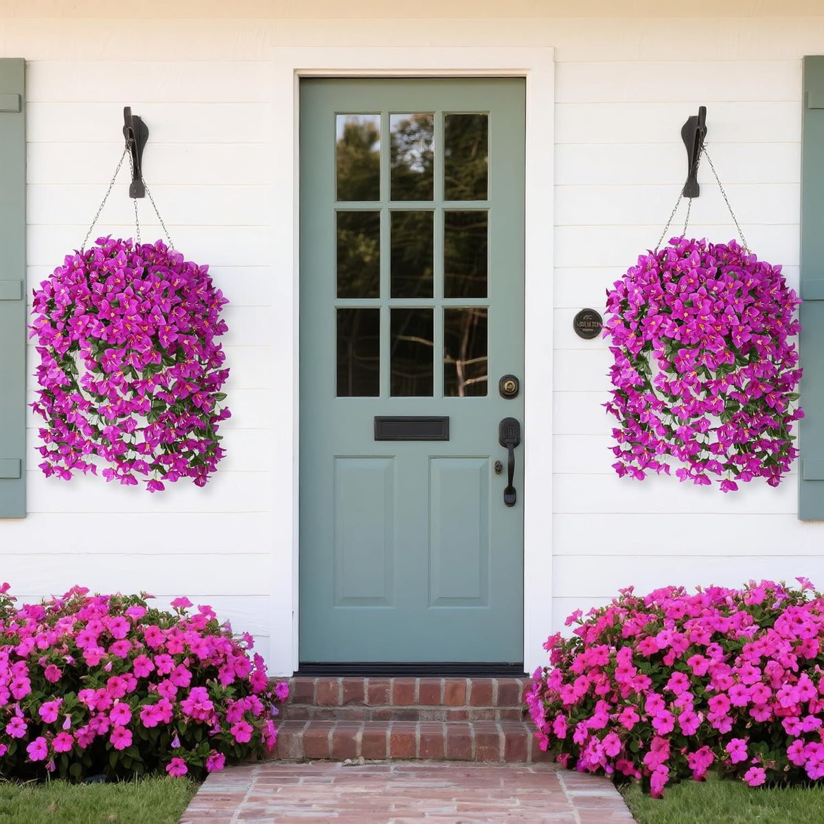 Artificial Bougainvillea Flowers for Outdoors, 2 Pcs, Fuchsia | Faux silk flowers, long trailing fake vines, for front door porch planter balcony patio summer spring home decor