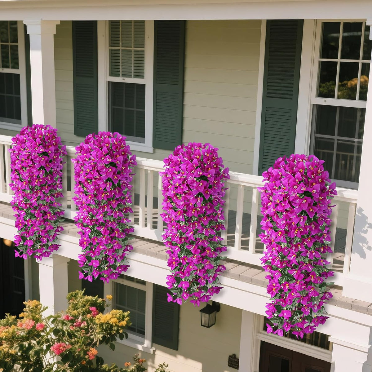 Artificial Bougainvillea Flowers for Outdoors, 2 Pcs, Fuchsia | Faux silk flowers, long trailing fake vines, for front door porch planter balcony patio summer spring home decor