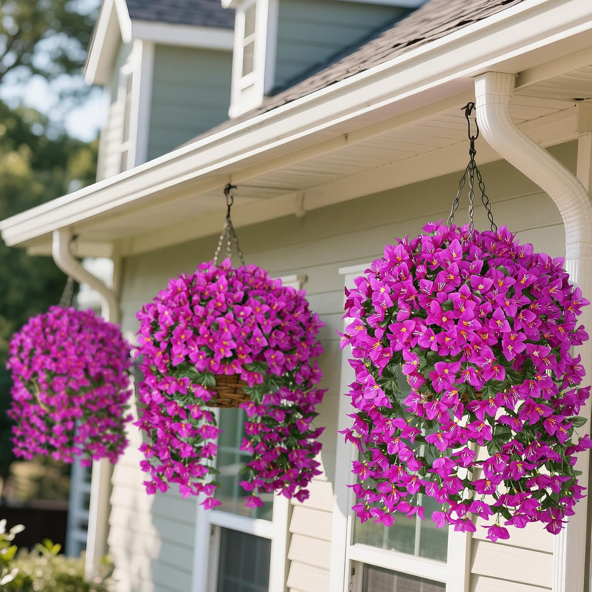 Artificial Bougainvillea Flowers for Outdoors, 2 Pcs, Fuchsia | Faux silk flowers, long trailing fake vines, for front door porch planter balcony patio summer spring home decor