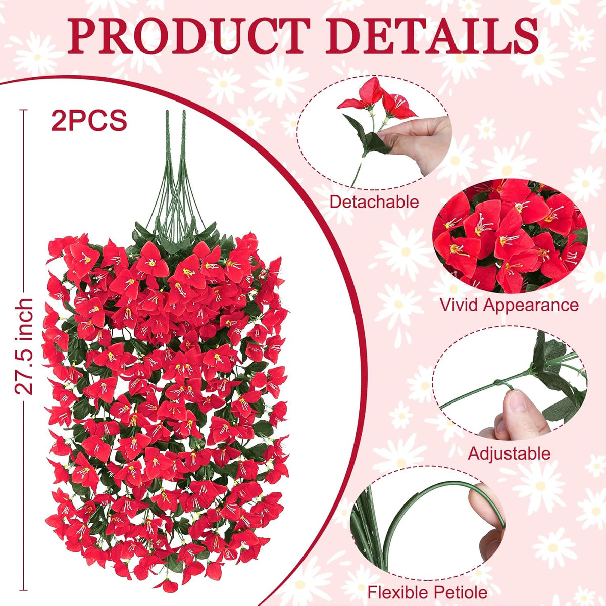 Artificial Bougainvillea Flowers for Outdoors, 2 Pcs, Fuchsia | Faux silk flowers, long trailing fake vines, for front door porch planter balcony patio summer spring home decor