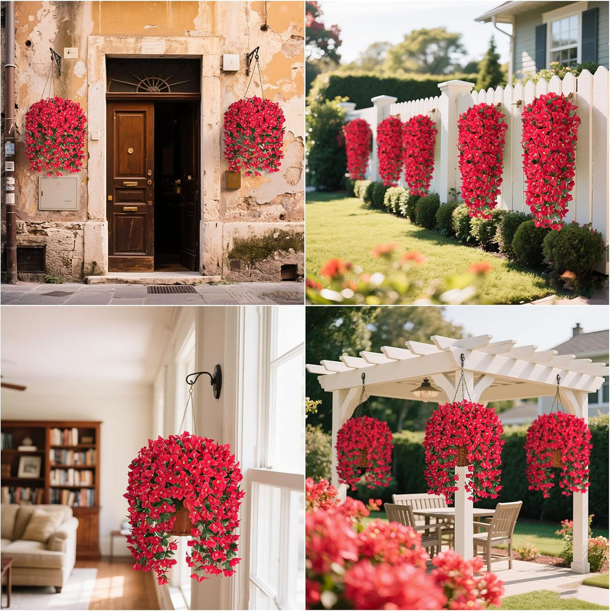 Artificial Bougainvillea Flowers for Outdoors, 2 Pcs, Fuchsia | Faux silk flowers, long trailing fake vines, for front door porch planter balcony patio summer spring home decor