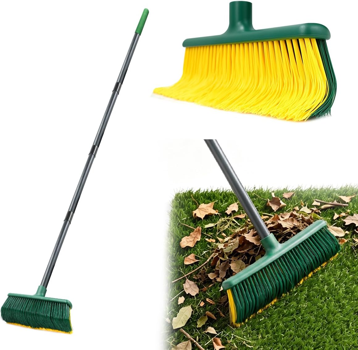 Artificial Turf Curved Rake with 4-Section Adjustable Steel Handle from 34" to 63", Bristle Artificial Grass Turf Broom for Easy Quick Remove Leaves, Dead Grass, Debris, Shrubs, Pet Hairs