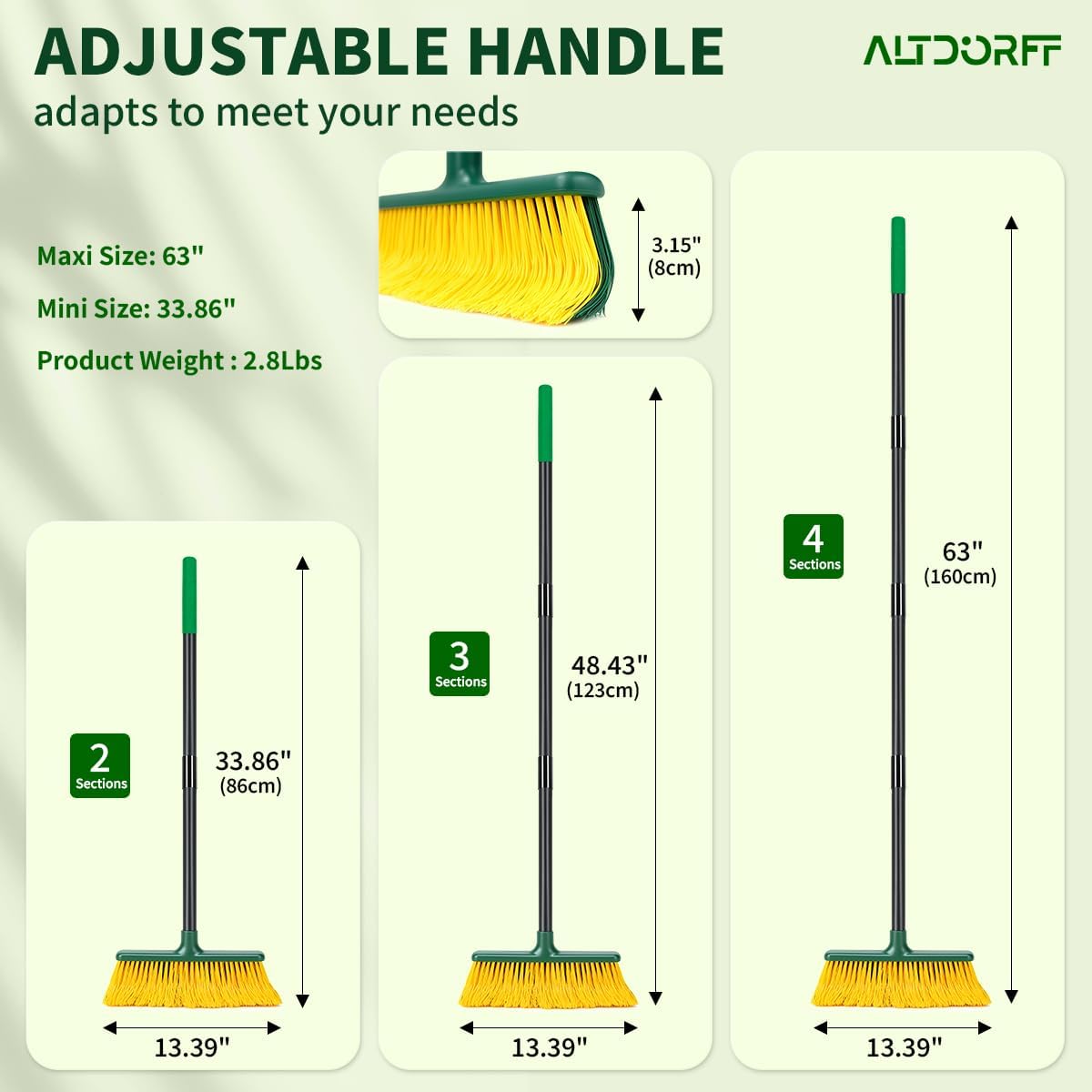 Artificial Turf Curved Rake with 4-Section Adjustable Steel Handle from 34" to 63", Bristle Artificial Grass Turf Broom for Easy Quick Remove Leaves, Dead Grass, Debris, Shrubs, Pet Hairs
