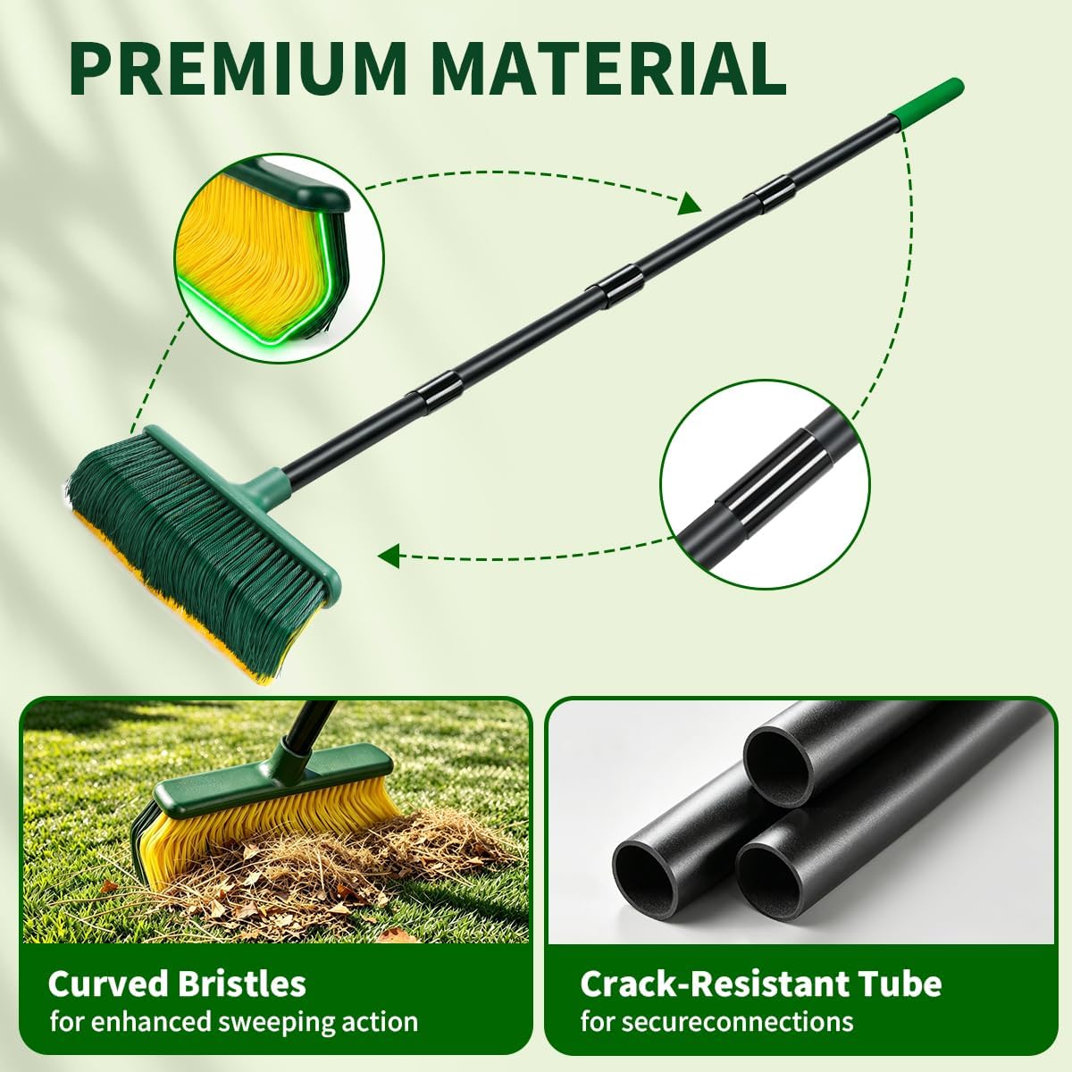 Artificial Turf Curved Rake with 4-Section Adjustable Steel Handle from 34" to 63", Bristle Artificial Grass Turf Broom for Easy Quick Remove Leaves, Dead Grass, Debris, Shrubs, Pet Hairs