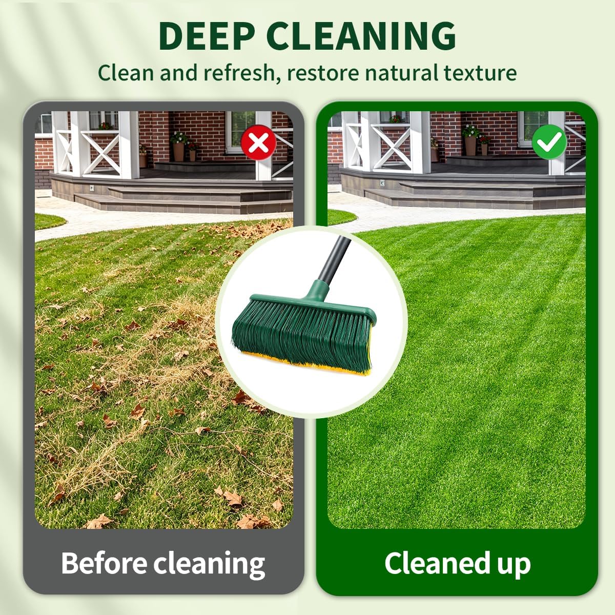 Artificial Turf Curved Rake with 4-Section Adjustable Steel Handle from 34" to 63", Bristle Artificial Grass Turf Broom for Easy Quick Remove Leaves, Dead Grass, Debris, Shrubs, Pet Hairs