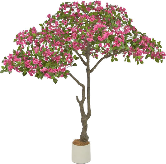 6.5FT Artificial Bougainvillea Tree with Realistic Pink Flowers in White Planter, Large Faux Blooming Tree, 78" Tall Fake Plant Indoor for Home Office Porch Hotel Store Wedding Decoration