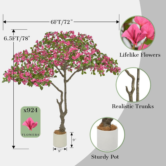 6.5FT Artificial Bougainvillea Tree with Realistic Pink Flowers in White Planter, Large Faux Blooming Tree, 78" Tall Fake Plant Indoor for Home Office Porch Hotel Store Wedding Decoration