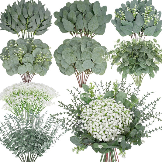 200 Pcs 8 Kinds Mixed Artificial Eucalyptus Stems Bulk Fake Silver Dollar Eucalyptus White Seeds Stems Bundle Faux Plants Greenery for DIY Bouquets Floral Arrangement Wedding Engagement Party Decor
