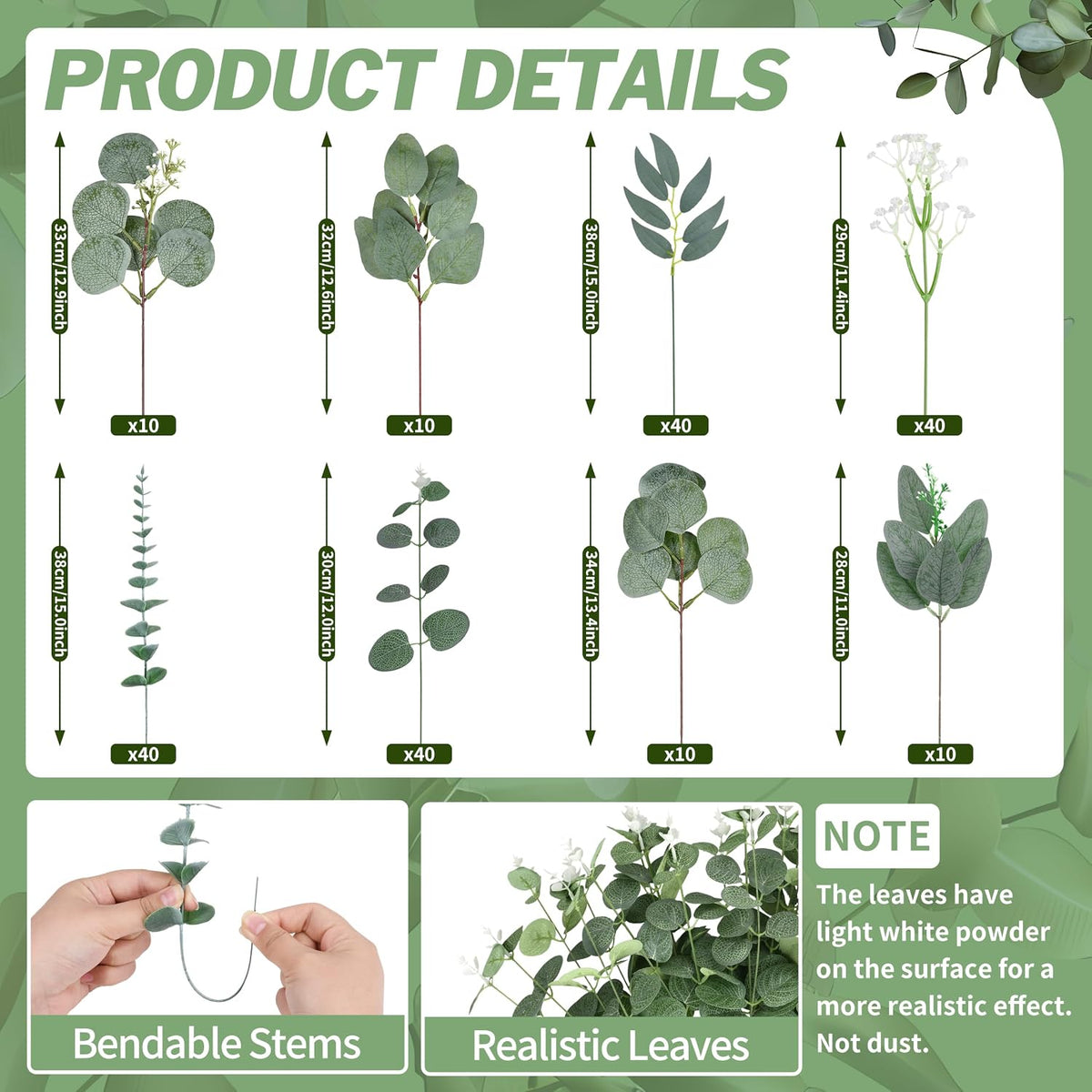 200 Pcs 8 Kinds Mixed Artificial Eucalyptus Stems Bulk Fake Silver Dollar Eucalyptus White Seeds Stems Bundle Faux Plants Greenery for DIY Bouquets Floral Arrangement Wedding Engagement Party Decor