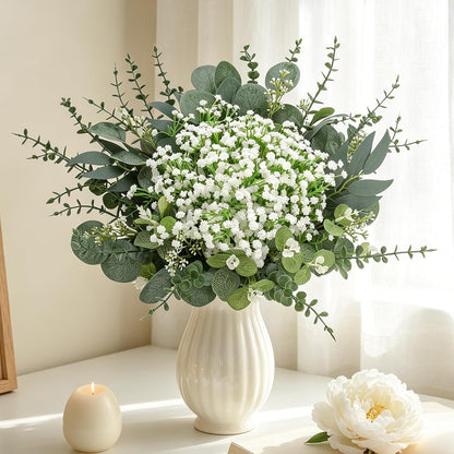 200 Pcs 8 Kinds Mixed Artificial Eucalyptus Stems Bulk Fake Silver Dollar Eucalyptus White Seeds Stems Bundle Faux Plants Greenery for DIY Bouquets Floral Arrangement Wedding Engagement Party Decor