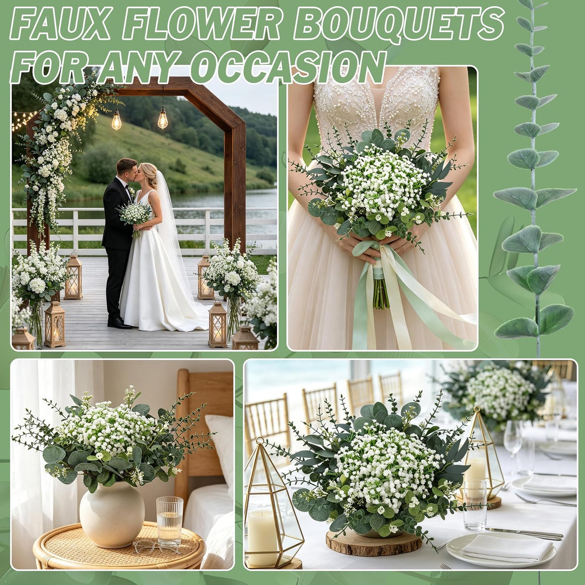 200 Pcs 8 Kinds Mixed Artificial Eucalyptus Stems Bulk Fake Silver Dollar Eucalyptus White Seeds Stems Bundle Faux Plants Greenery for DIY Bouquets Floral Arrangement Wedding Engagement Party Decor