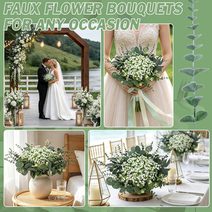 200 Pcs 8 Kinds Mixed Artificial Eucalyptus Stems Bulk Fake Silver Dollar Eucalyptus White Seeds Stems Bundle Faux Plants Greenery for DIY Bouquets Floral Arrangement Wedding Engagement Party Decor