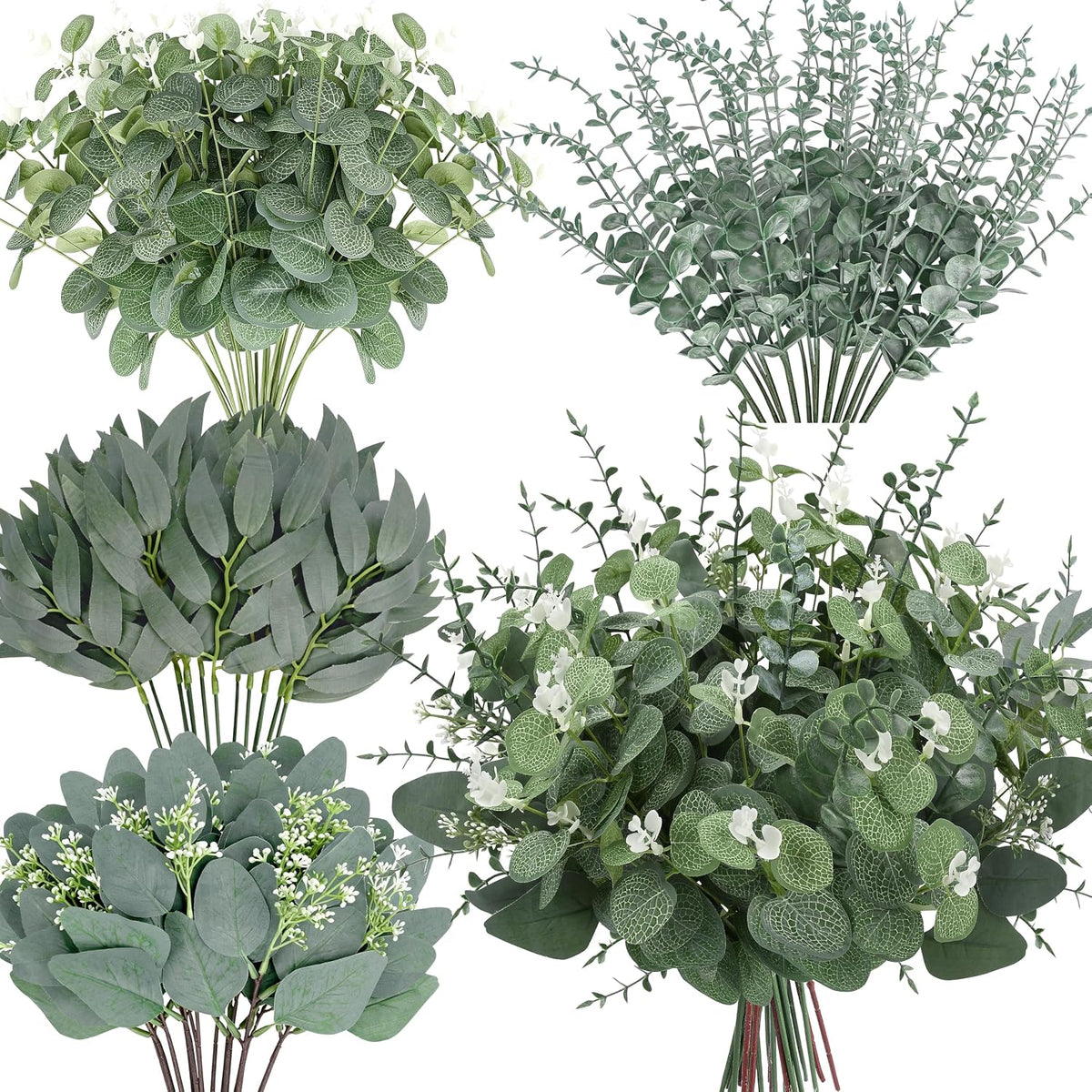 200 Pcs 8 Kinds Mixed Artificial Eucalyptus Stems Bulk Fake Silver Dollar Eucalyptus White Seeds Stems Bundle Faux Plants Greenery for DIY Bouquets Floral Arrangement Wedding Engagement Party Decor