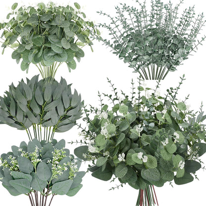 200 Pcs 8 Kinds Mixed Artificial Eucalyptus Stems Bulk Fake Silver Dollar Eucalyptus White Seeds Stems Bundle Faux Plants Greenery for DIY Bouquets Floral Arrangement Wedding Engagement Party Decor
