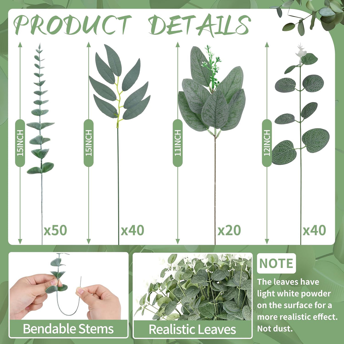 200 Pcs 8 Kinds Mixed Artificial Eucalyptus Stems Bulk Fake Silver Dollar Eucalyptus White Seeds Stems Bundle Faux Plants Greenery for DIY Bouquets Floral Arrangement Wedding Engagement Party Decor
