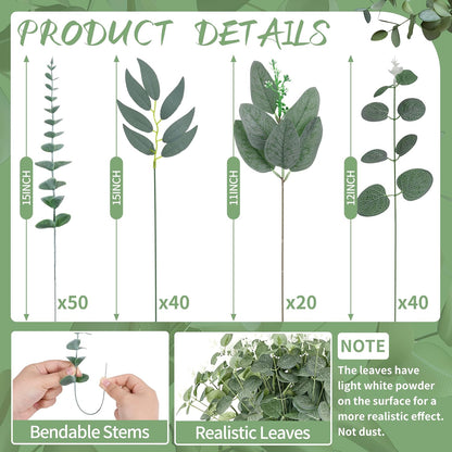200 Pcs 8 Kinds Mixed Artificial Eucalyptus Stems Bulk Fake Silver Dollar Eucalyptus White Seeds Stems Bundle Faux Plants Greenery for DIY Bouquets Floral Arrangement Wedding Engagement Party Decor