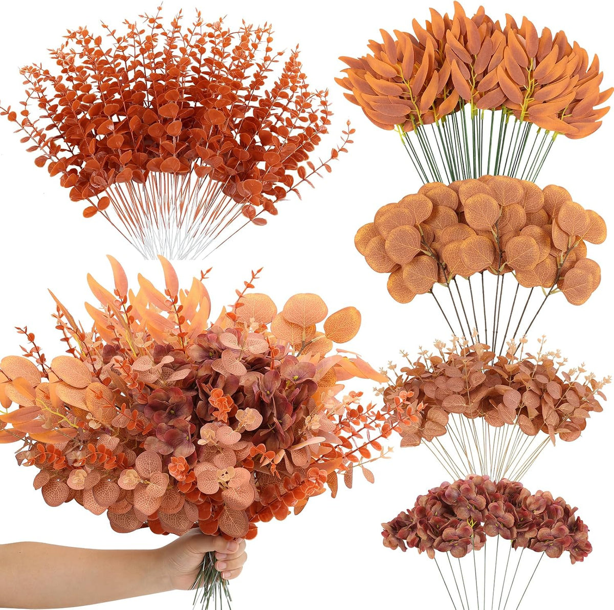 200 Pcs 8 Kinds Mixed Artificial Eucalyptus Stems Bulk Fake Silver Dollar Eucalyptus White Seeds Stems Bundle Faux Plants Greenery for DIY Bouquets Floral Arrangement Wedding Engagement Party Decor