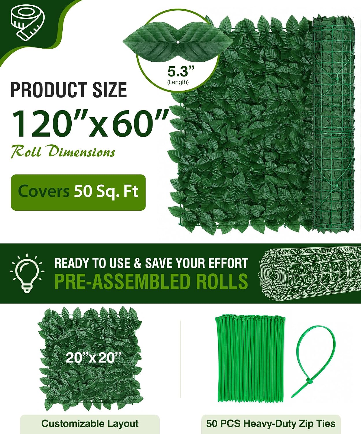 1.4X Denser Artificial Ivy Privacy Fence – 120"x40" No-Gap Greenery Backdrop Screen for Patio Balcony Garden Backyard Indoor Outdoor Decor