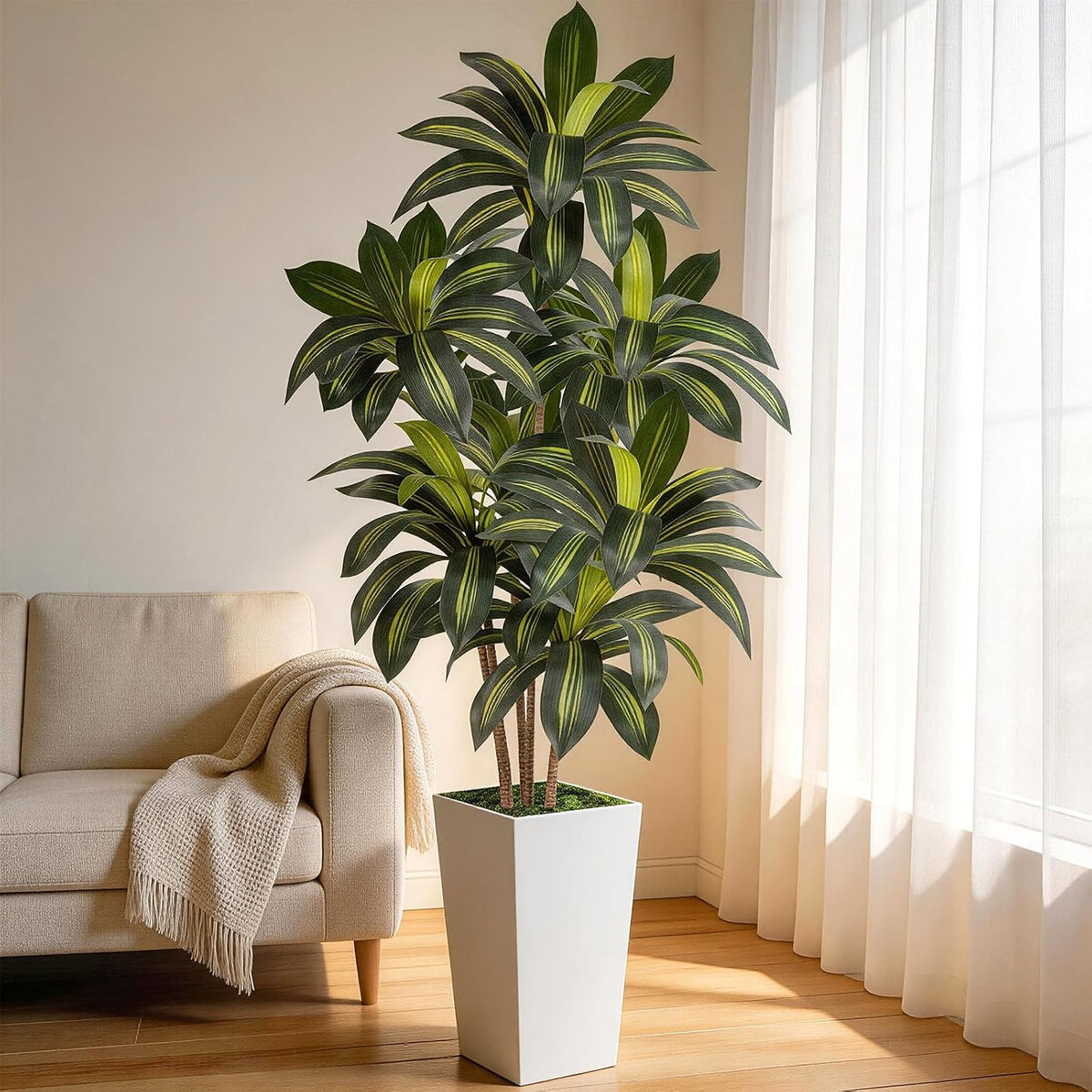 Artificial Dracaena Tree 6FT Tall, Faux Dracaena Tree Indoor, Fake Yucca Plant Potted, Tropical Floor Plant with Lifelike Leaves for Home Office Living Room Indoor Outdoor Decor