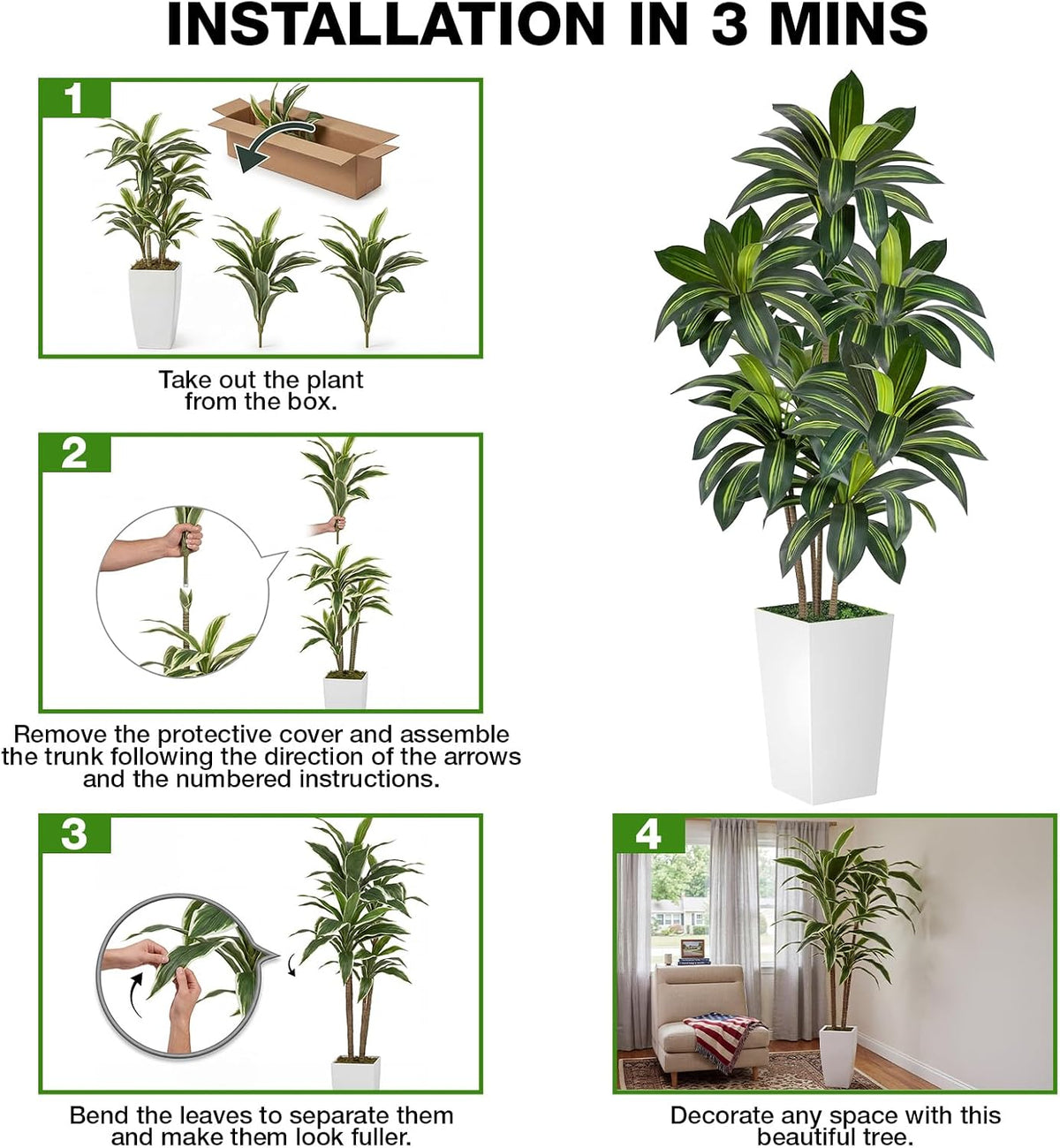 Artificial Dracaena Tree 6FT Tall, Faux Dracaena Tree Indoor, Fake Yucca Plant Potted, Tropical Floor Plant with Lifelike Leaves for Home Office Living Room Indoor Outdoor Decor