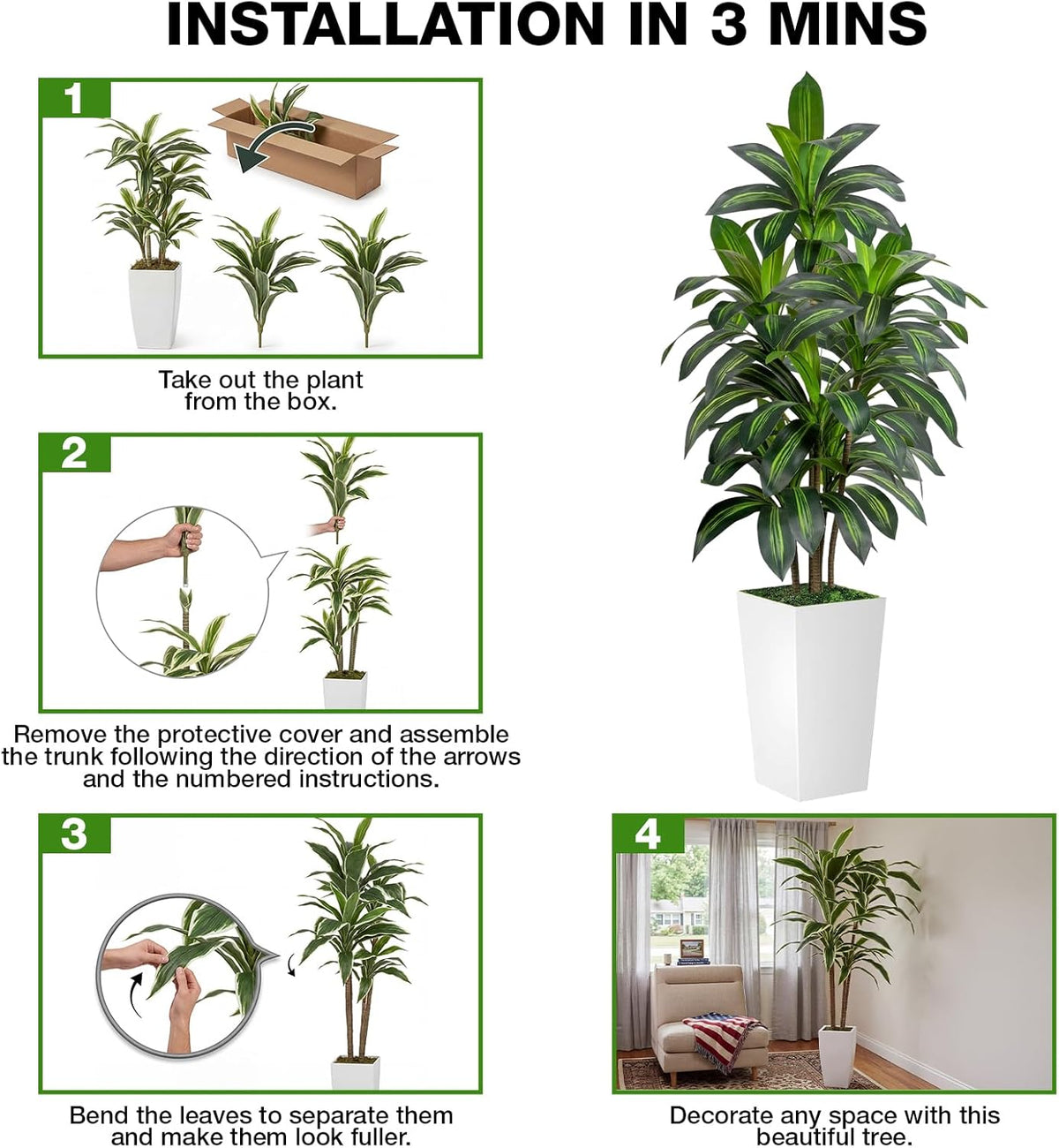 Artificial Dracaena Tree 6FT Tall, Faux Dracaena Tree Indoor, Fake Yucca Plant Potted, Tropical Floor Plant with Lifelike Leaves for Home Office Living Room Indoor Outdoor Decor