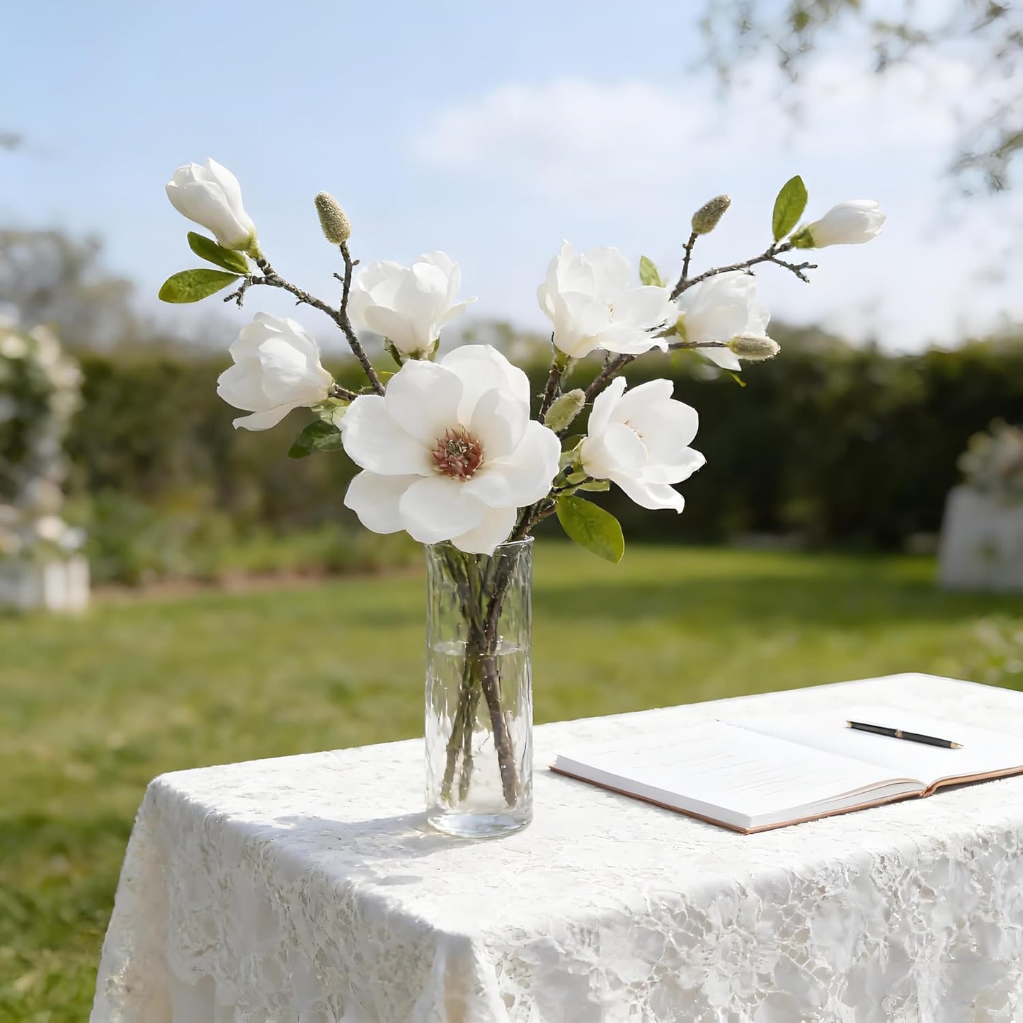 White Artificial Magnolia Silk Flower for Home, Wedding, Garden Decor, Single Stem for Vase, Table Arrangement