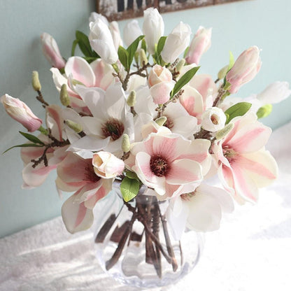 White Artificial Magnolia Silk Flower for Home, Wedding, Garden Decor, Single Stem for Vase, Table Arrangement