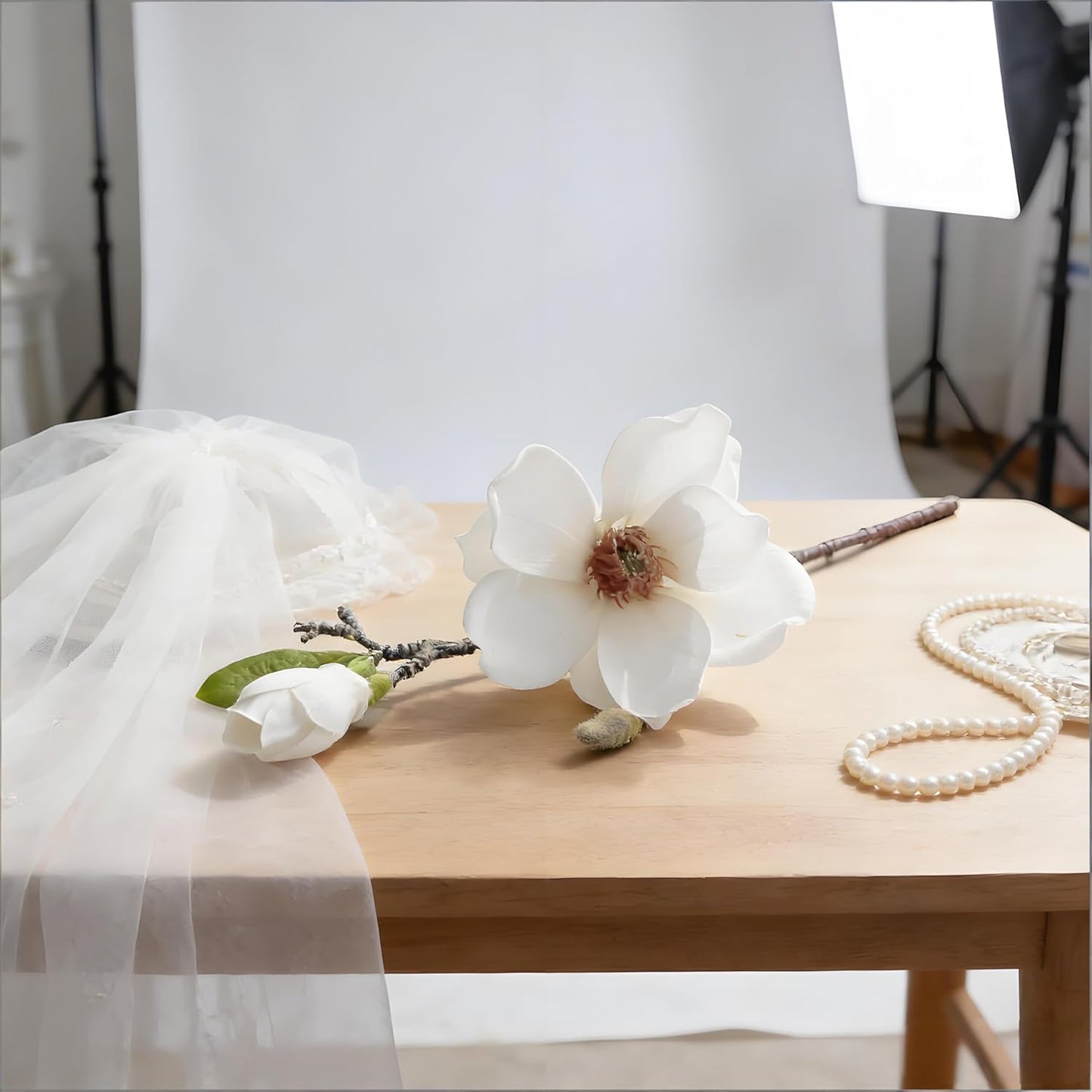 White Artificial Magnolia Silk Flower for Home, Wedding, Garden Decor, Single Stem for Vase, Table Arrangement