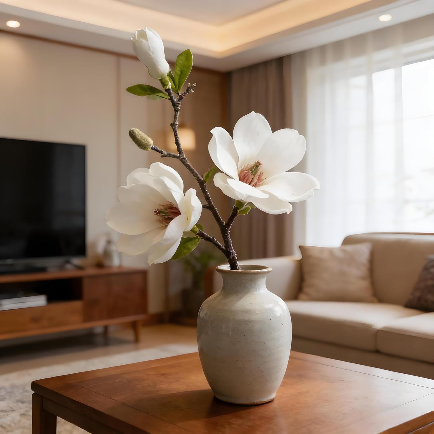 White Artificial Magnolia Silk Flower for Home, Wedding, Garden Decor, Single Stem for Vase, Table Arrangement