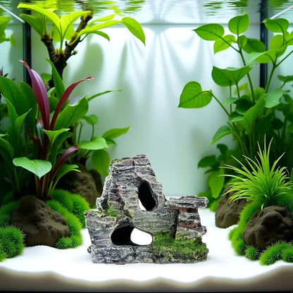 Resin Aquarium Mountain Decor with Moss Rock Cave - Multi-Level Terrain for Fish Tank Landscaping, Natural-Looking Rockery Design with Hidden Cave and Crevices for Shrimp Reptile Habitat Aquascaping