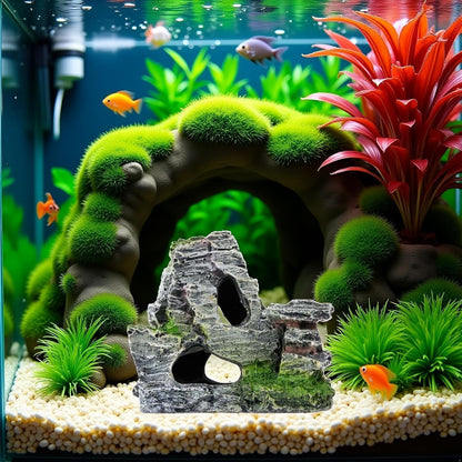 Resin Aquarium Mountain Decor with Moss Rock Cave - Multi-Level Terrain for Fish Tank Landscaping, Natural-Looking Rockery Design with Hidden Cave and Crevices for Shrimp Reptile Habitat Aquascaping