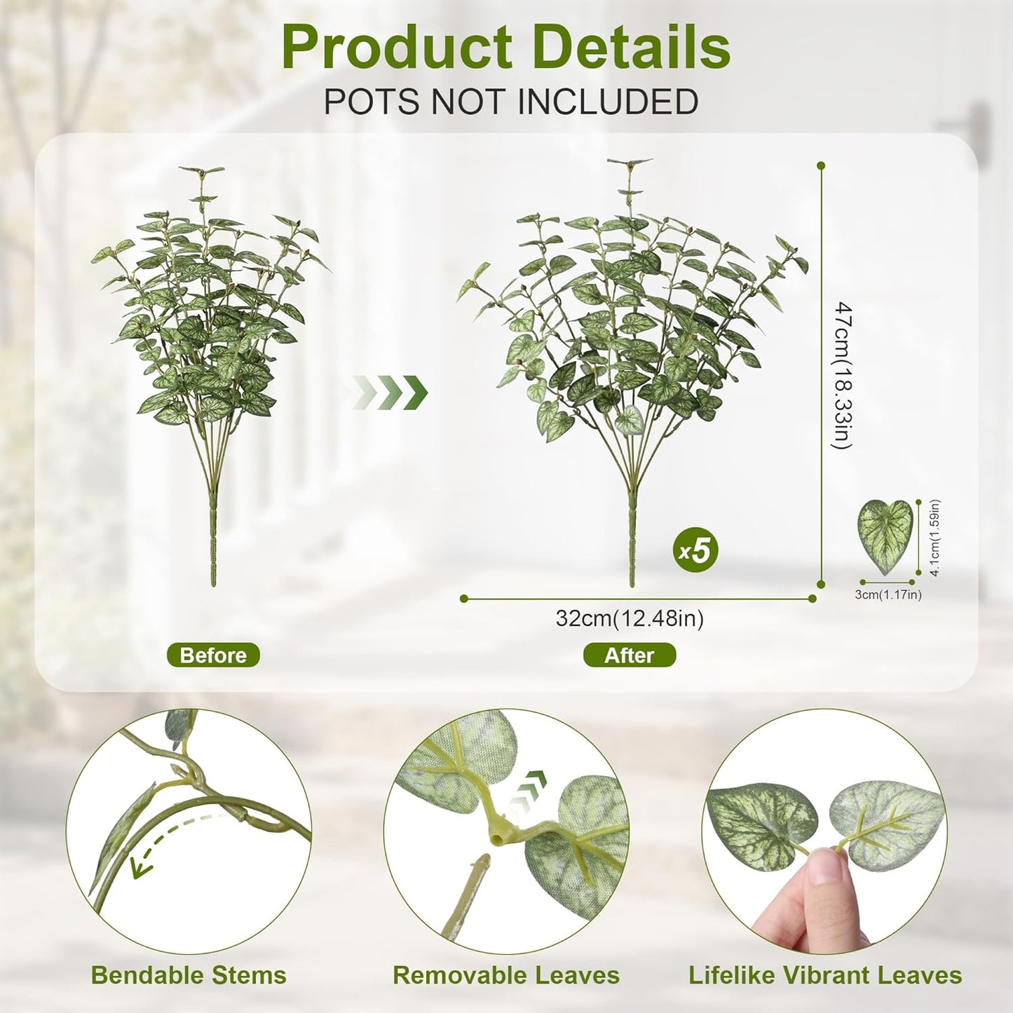Artificial Plants Outdoor UV Resistant 5 Pcs (Green) | Faux Greenery Plants Outdoor Silk Plants with Stems, Fake Plants for Outside Planter Front Porch Patio Pathway Decoration